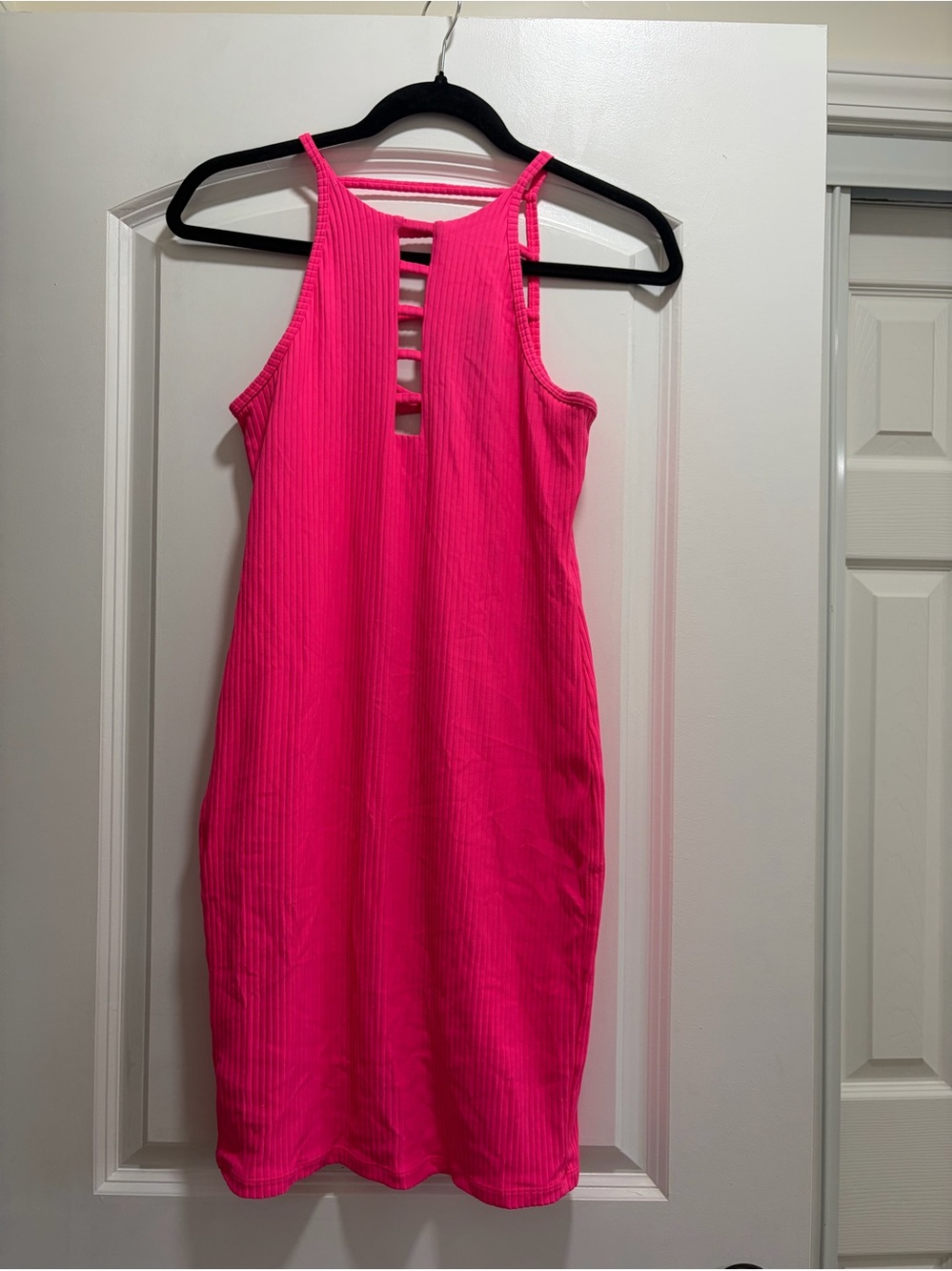 Victoria Sport Neon Pink Ribbed Ladder Back Halter Bodycon Mini Dress